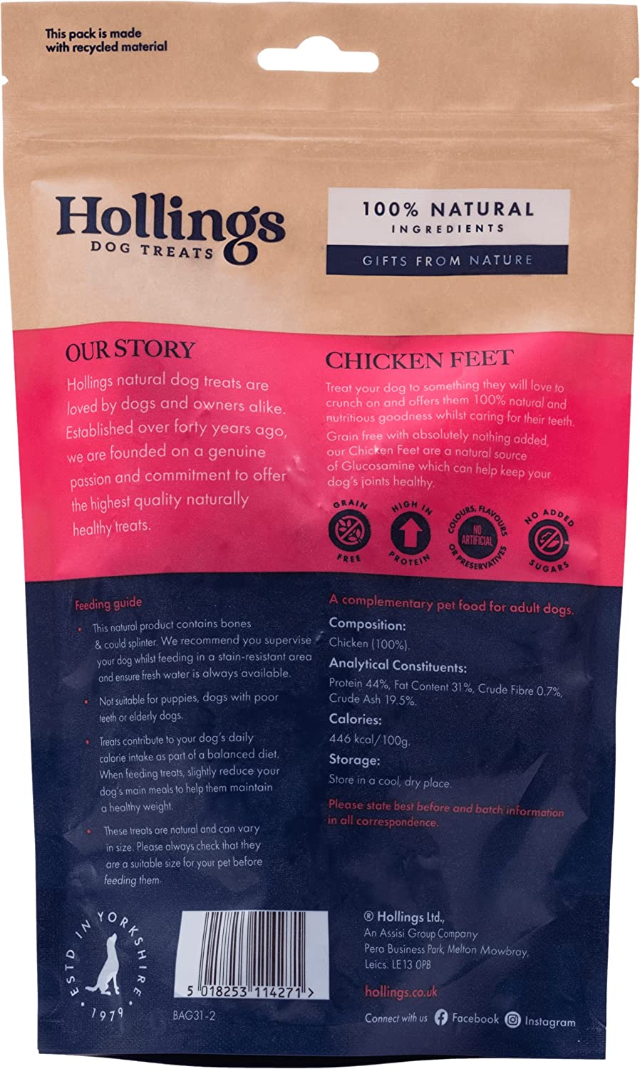 Hollings 100% Natural Chicken Feet Dog Treat 100g