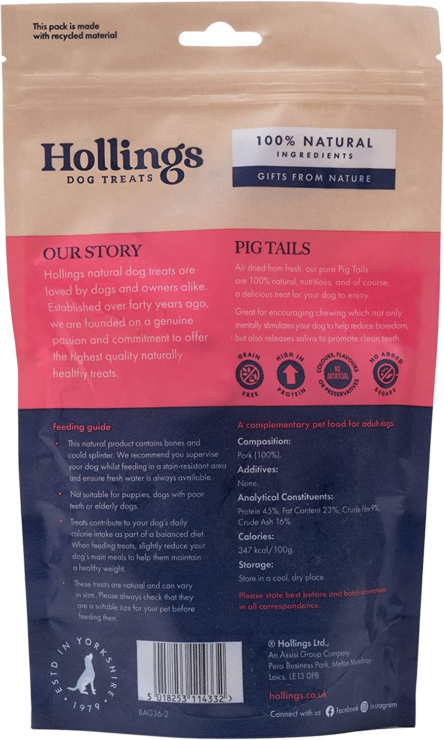 Hollings 100% Natural Pig Tails Dog Treat 120g